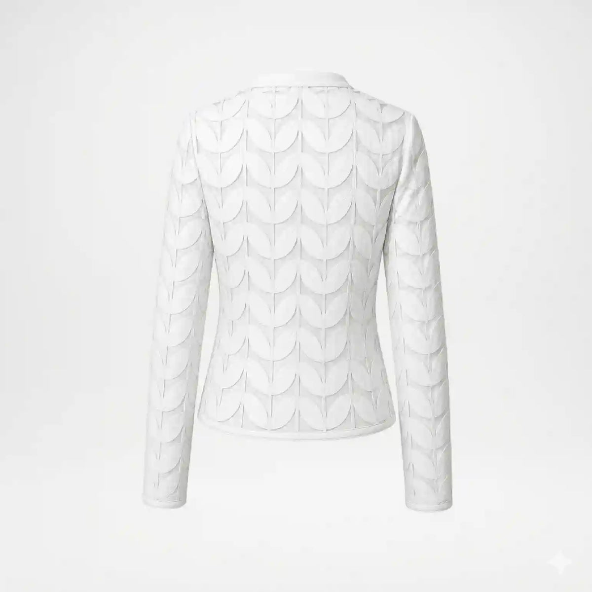A white textured jacket with a distinctive repeating scallop or leaf-like embossed pattern, shown from the back against a plain white background.