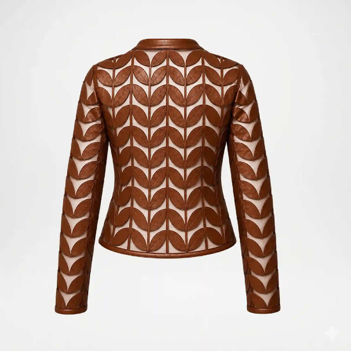 A cropped long-sleeve jacket with an allover embossed leaf pattern in a warm brown tone, shown from the back on a light gray studio background.