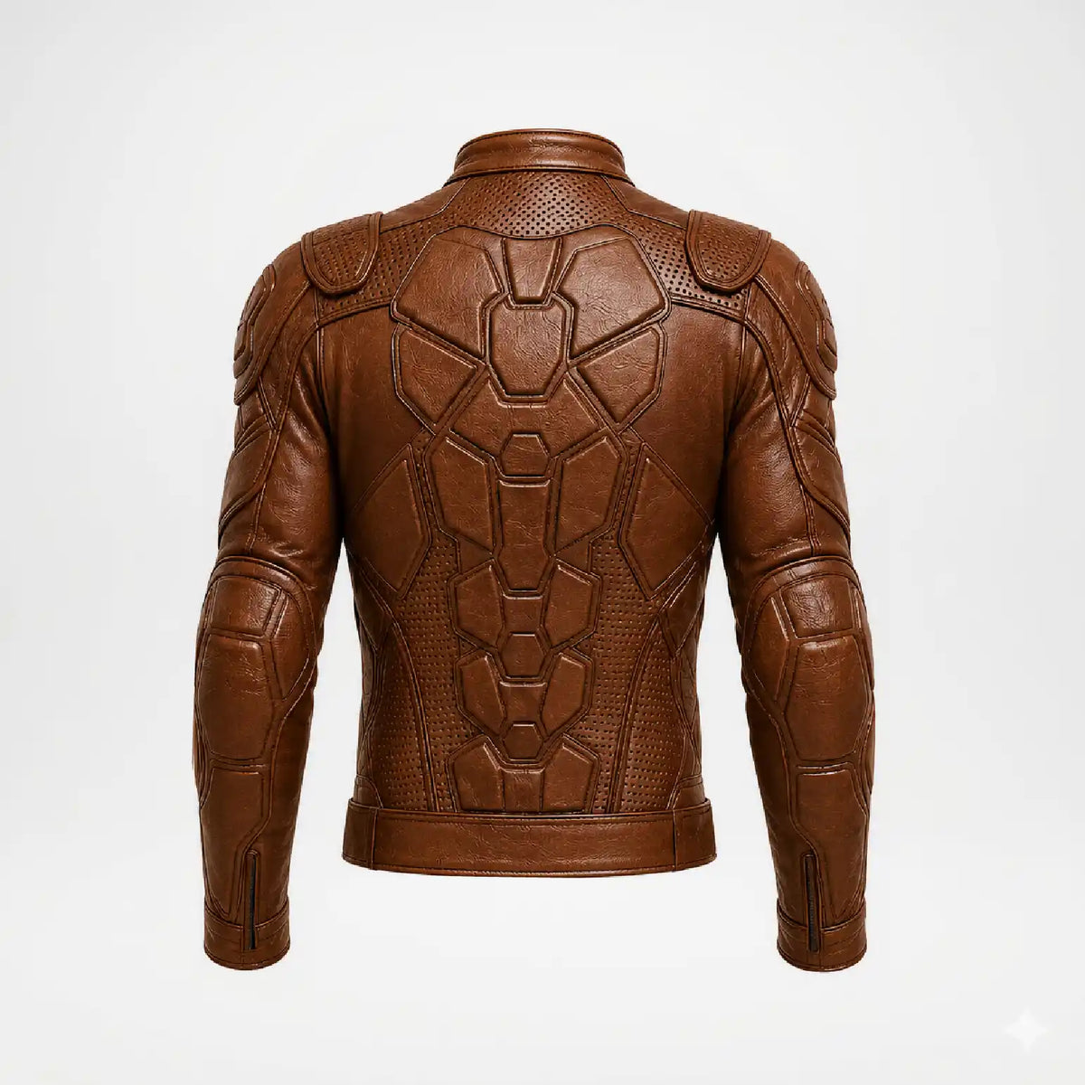 A brown faux-leather jacket with a highly textured, armored, sci-fi style back design, shown from the back on a white background.
