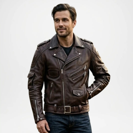 classic moto style brown jacket men