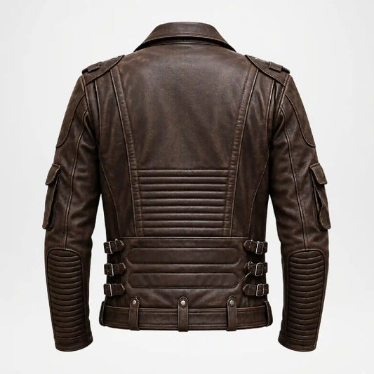 A dark brown leather jacket shown from the back, featuring quilted paneling, multiple buckle straps at the waist, and ribbed elbow guards, set against a plain light gray background.