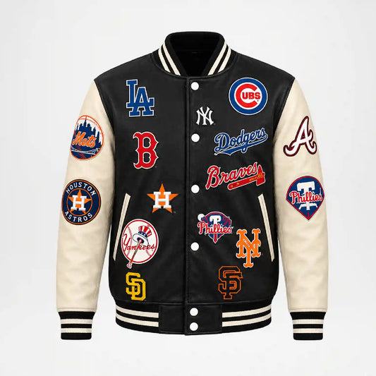 A varsity-style bomber jacket with a black body and cream sleeves, covered in embroidered baseball team patches including LA, Cubs, Yankees, Astros, Braves, Angels, Padres, and more, shown on a light gray background.