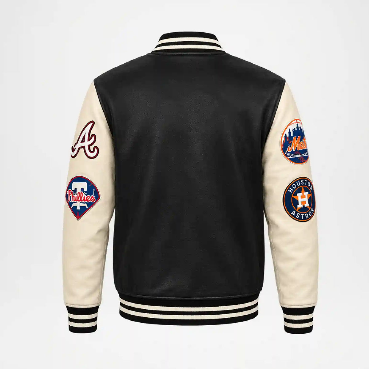 Back view of a varsity-style jacket with a black body and cream sleeves, featuring embroidered New York Yankees and Houston Astros patches on the sleeves.