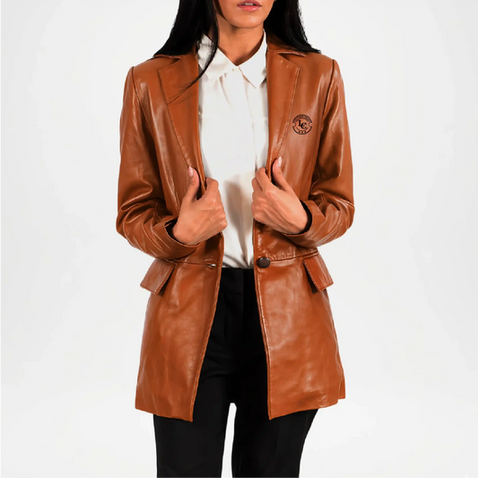 Woman wearing a brown leather jacket on a white background