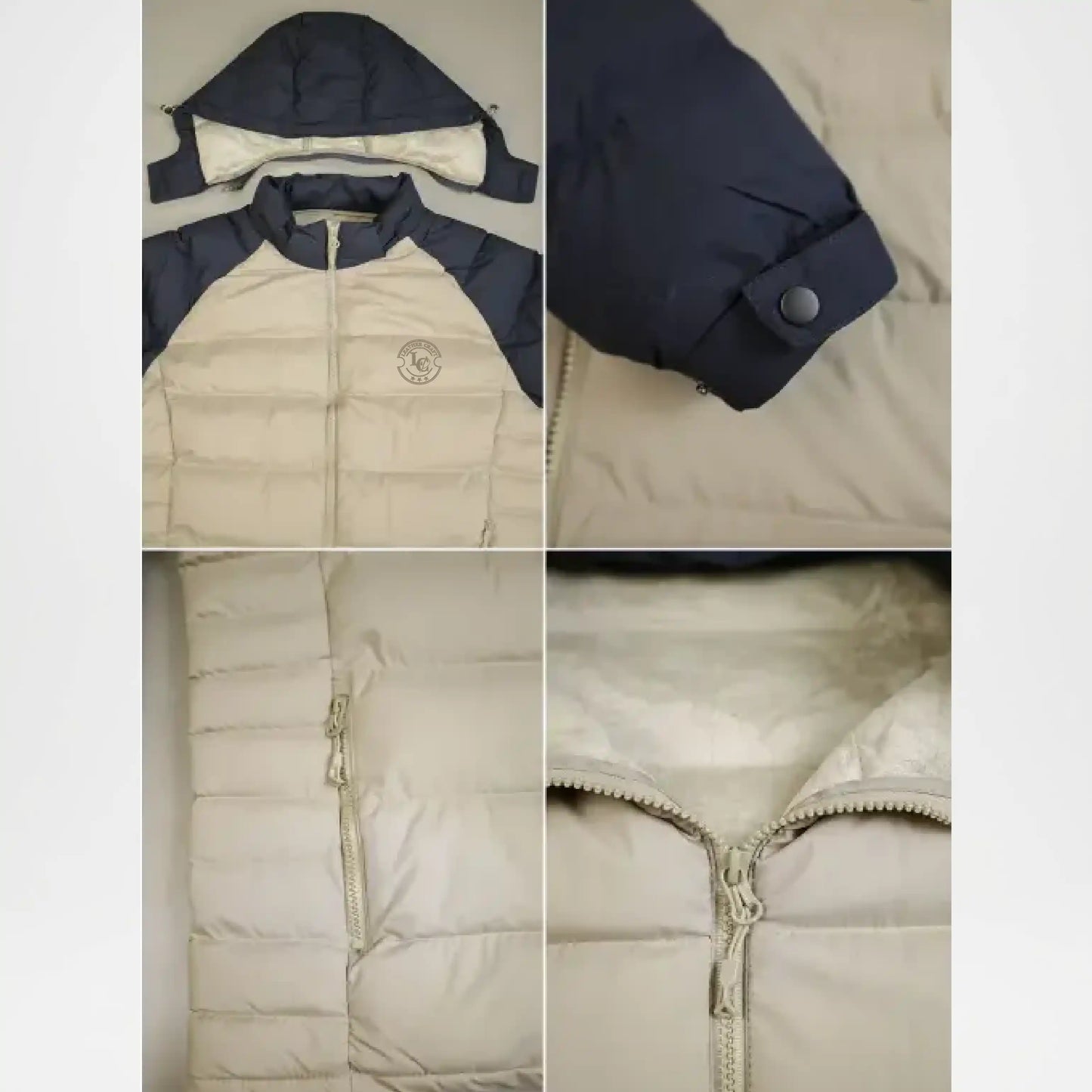 Collage of a beige and navy jacket with close-up details