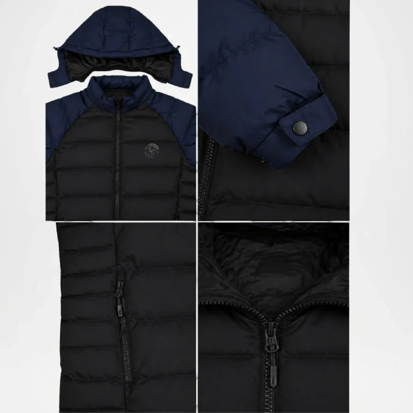 Black puffer jacket with navy hood and sleeves