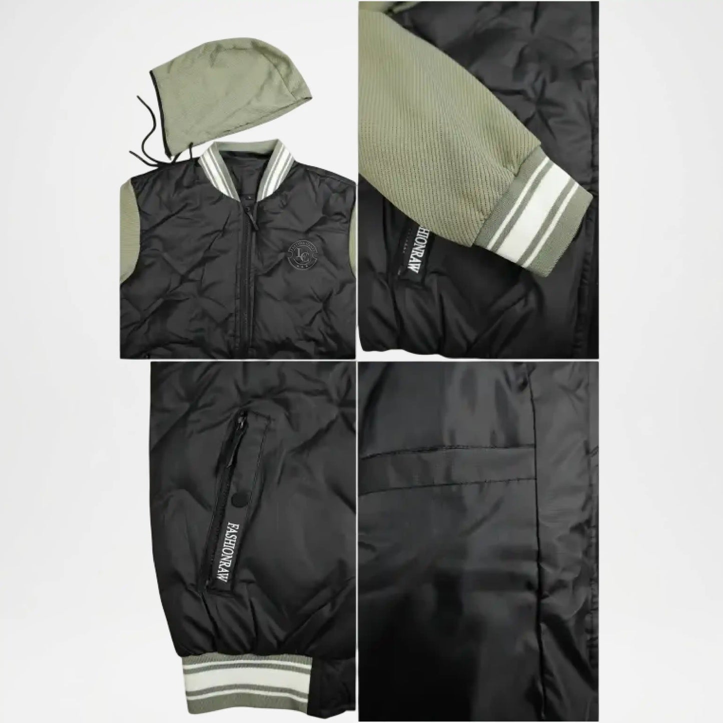 Collage of a black jacket with green hood and white trim, featuring brand logo.