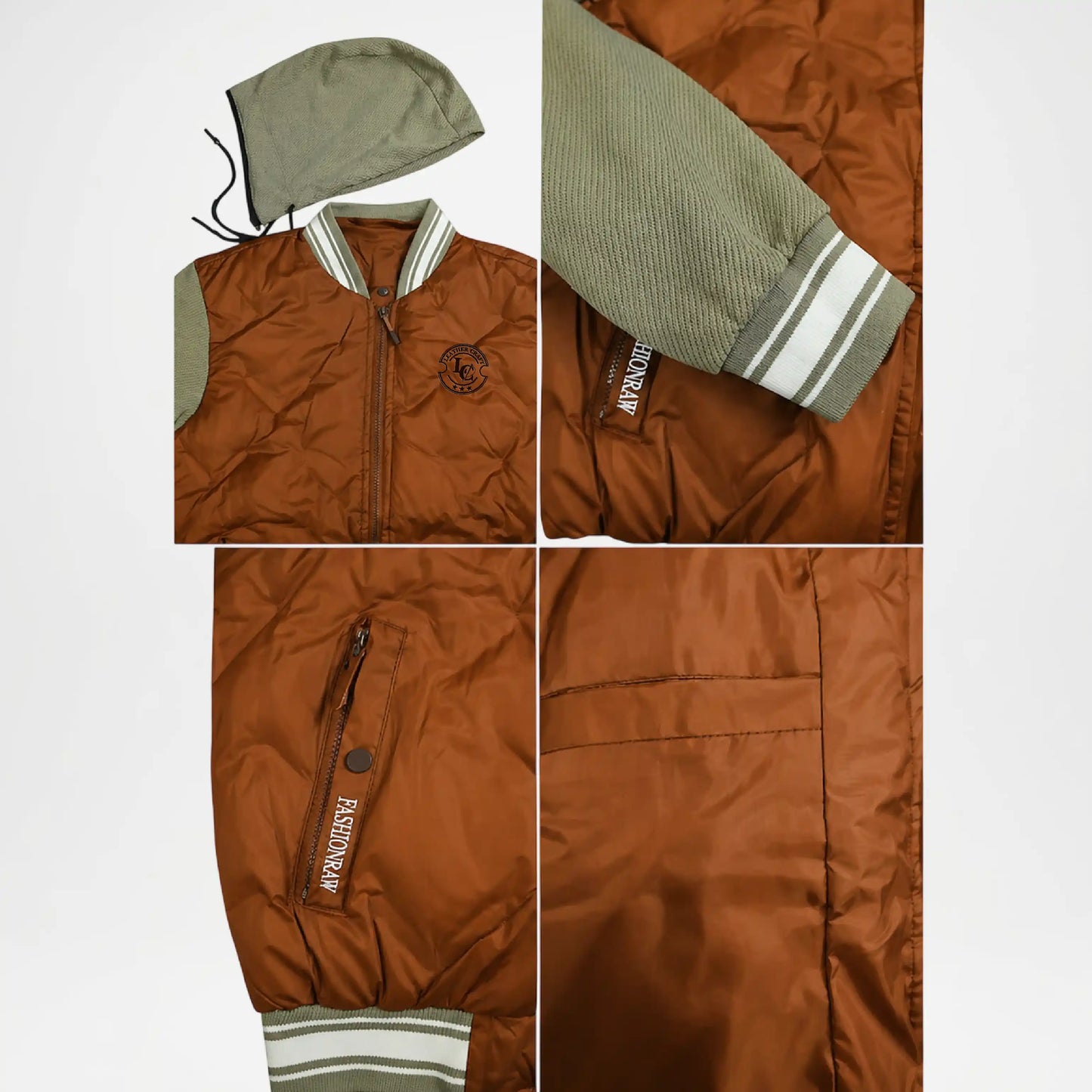 Brown jacket with green hood and white stripes on a light gray background