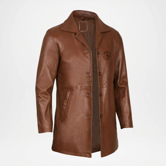 mens brown leather car coat