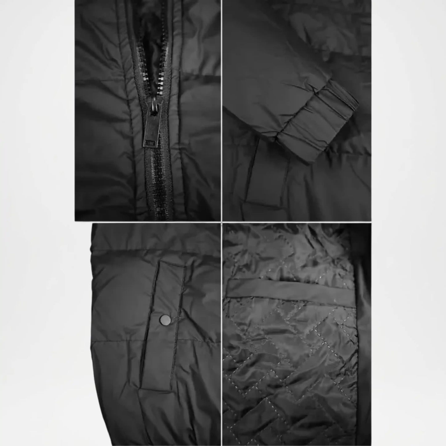 Collage of close-up details of a black puffer jacket