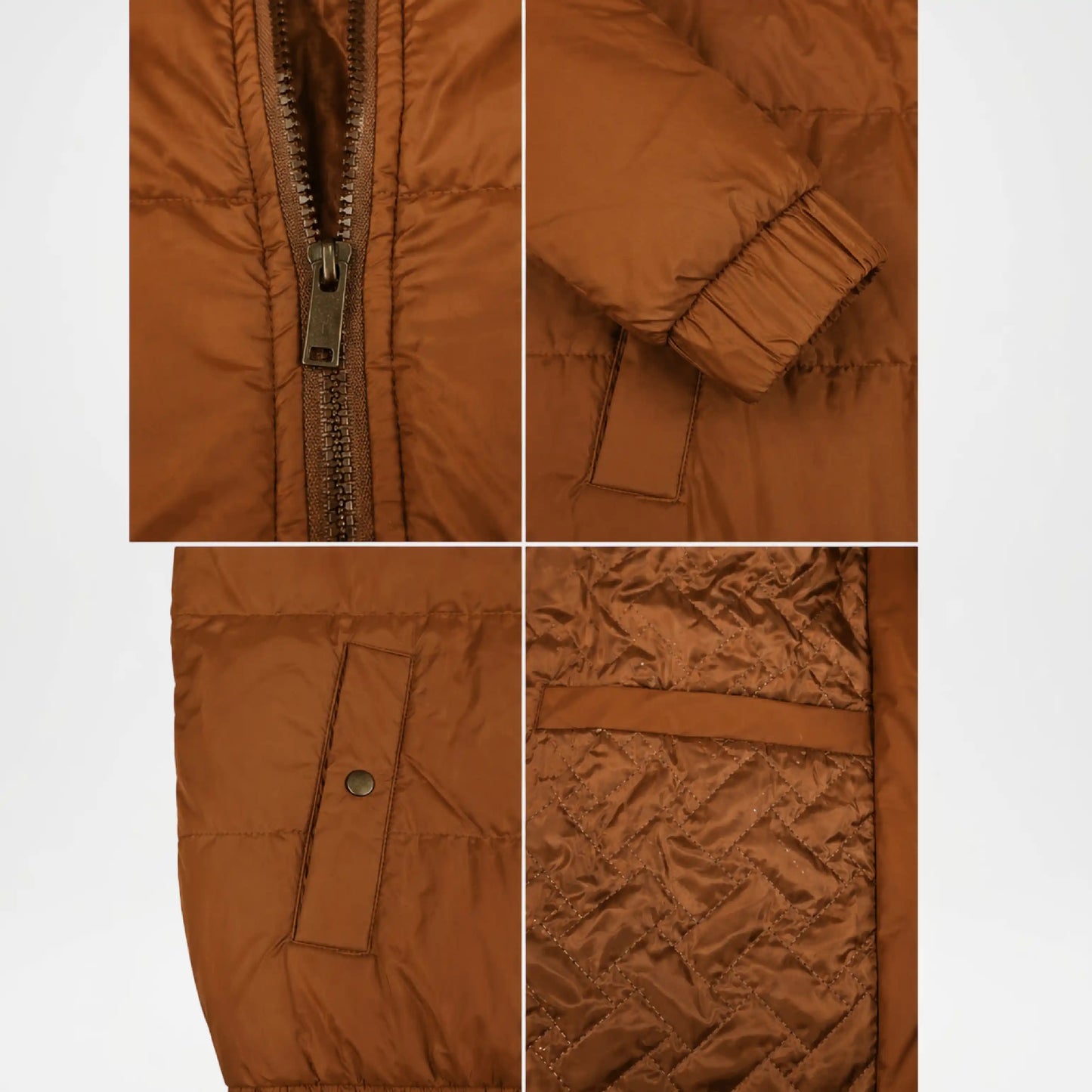 Brown puffer jacket with close-up details on a white background