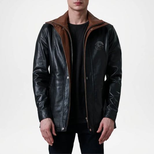 Black leather jacket with brown interior lining on a white background