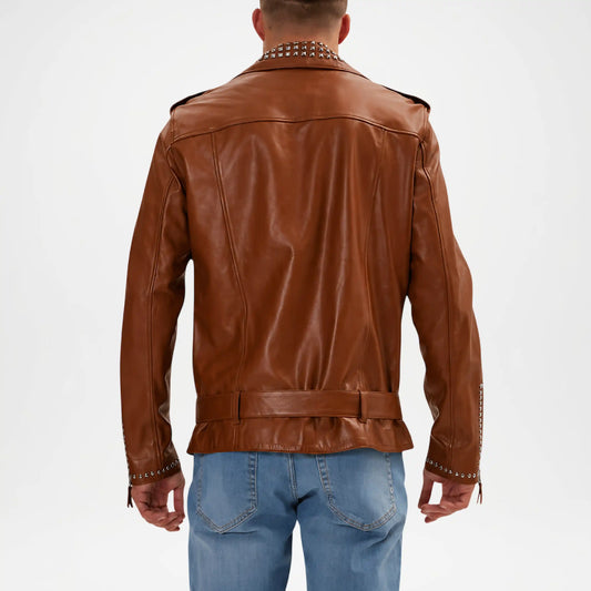 Brown leather jacket worn by a person on a white background