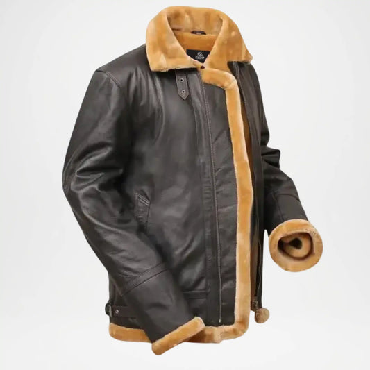 Black leather jacket with brown fur lining