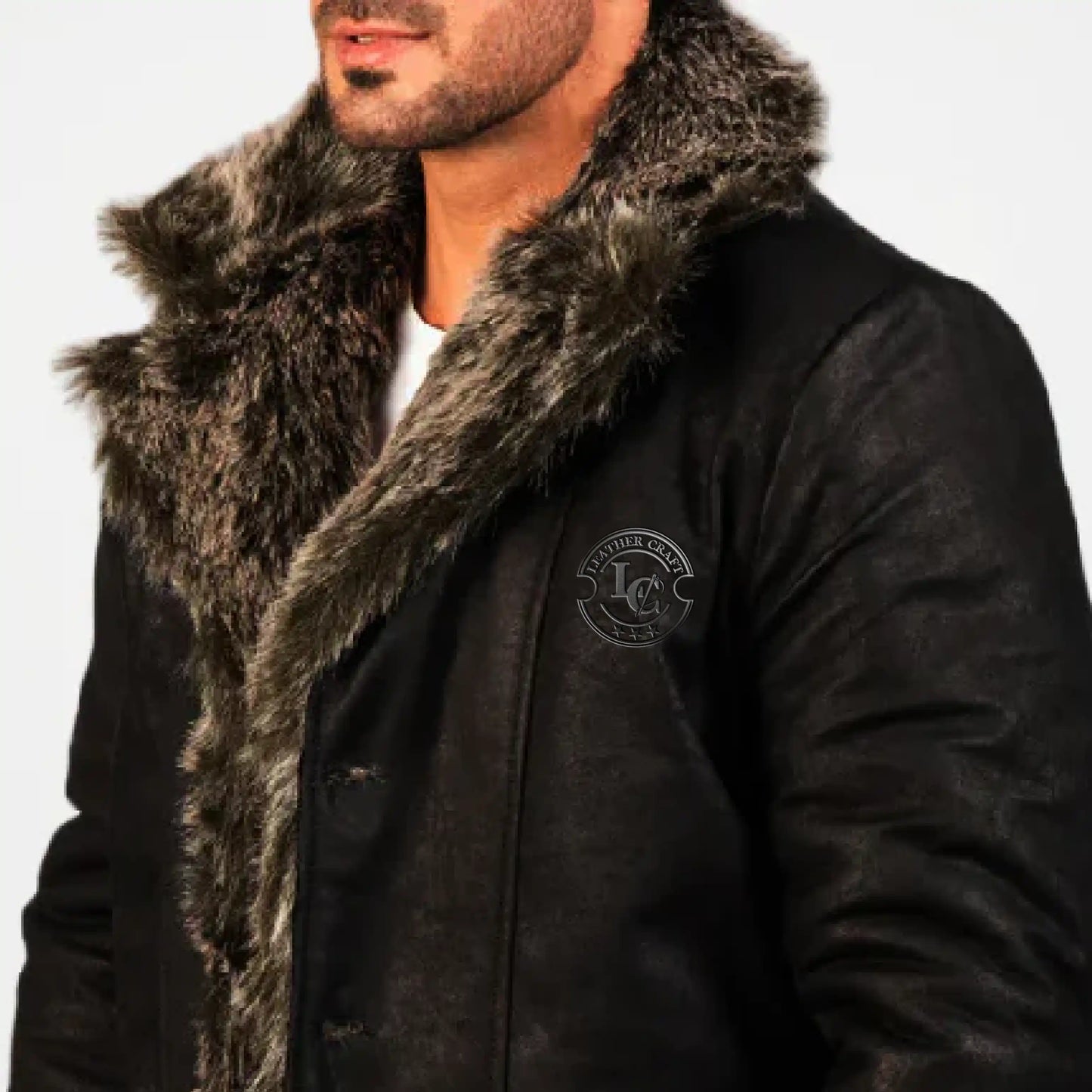 mens black leather coat with fur collar
