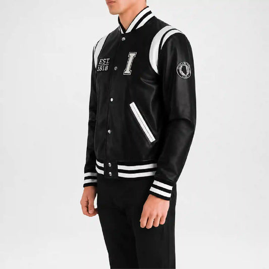 Men’s Black and White Leather Varsity Jacket