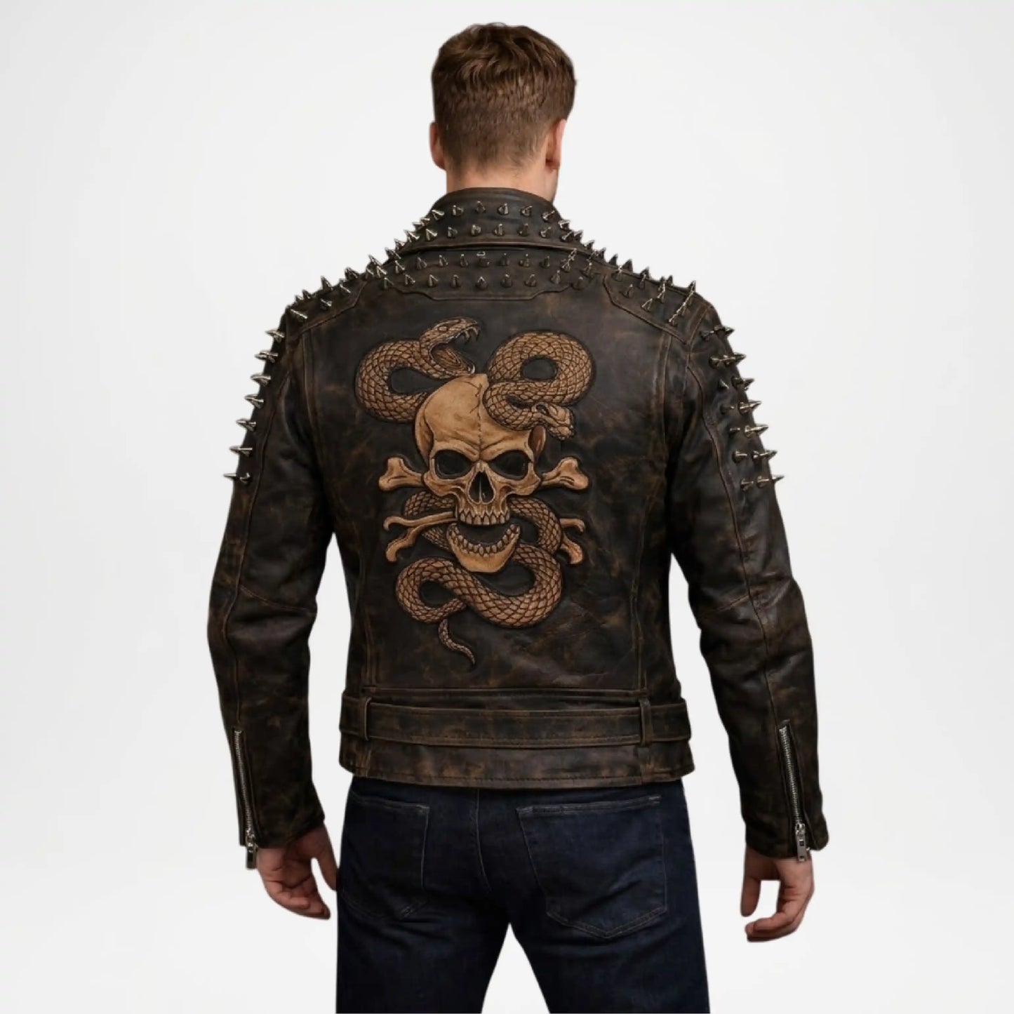 Man wearing a leather jacket with skull and dragon design on the back