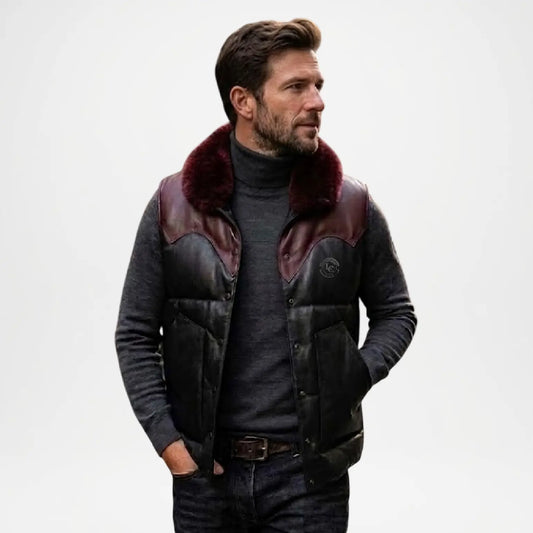 Mens Black Leather Vest with Fur Collar