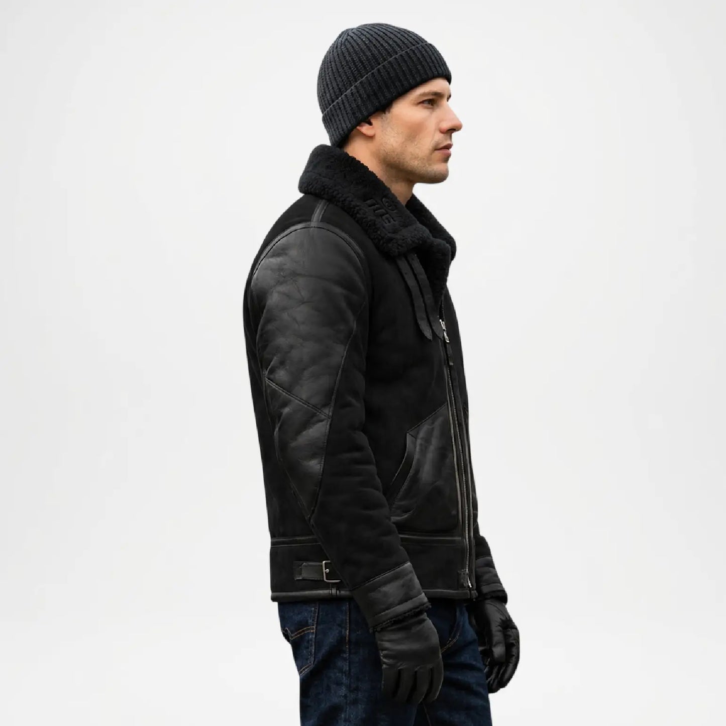 Mens Black Shearling Aviator Jacket