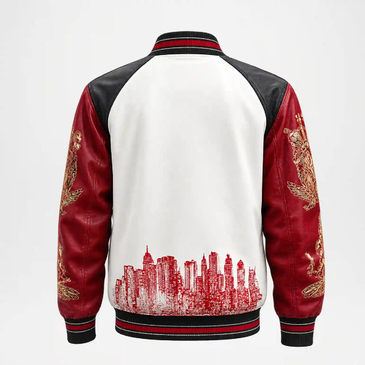 Raglan-style bomber jacket shown from the back, featuring a white back panel, black shoulder yoke, red sleeves, a red city skyline graphic across the lower back, and gold embroidered dragon motifs on the sleeves.