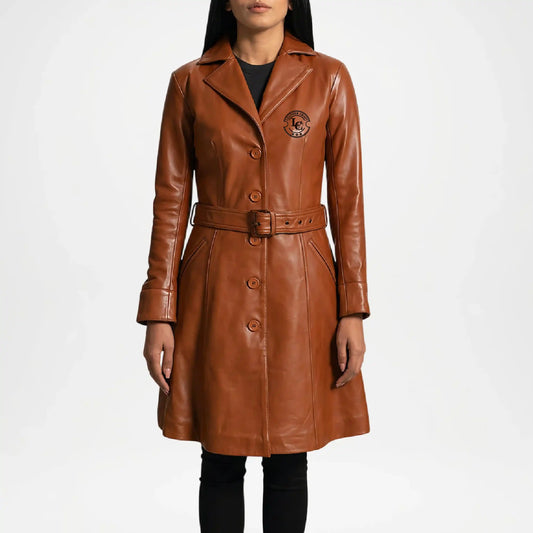 Brown leather coat with a belt