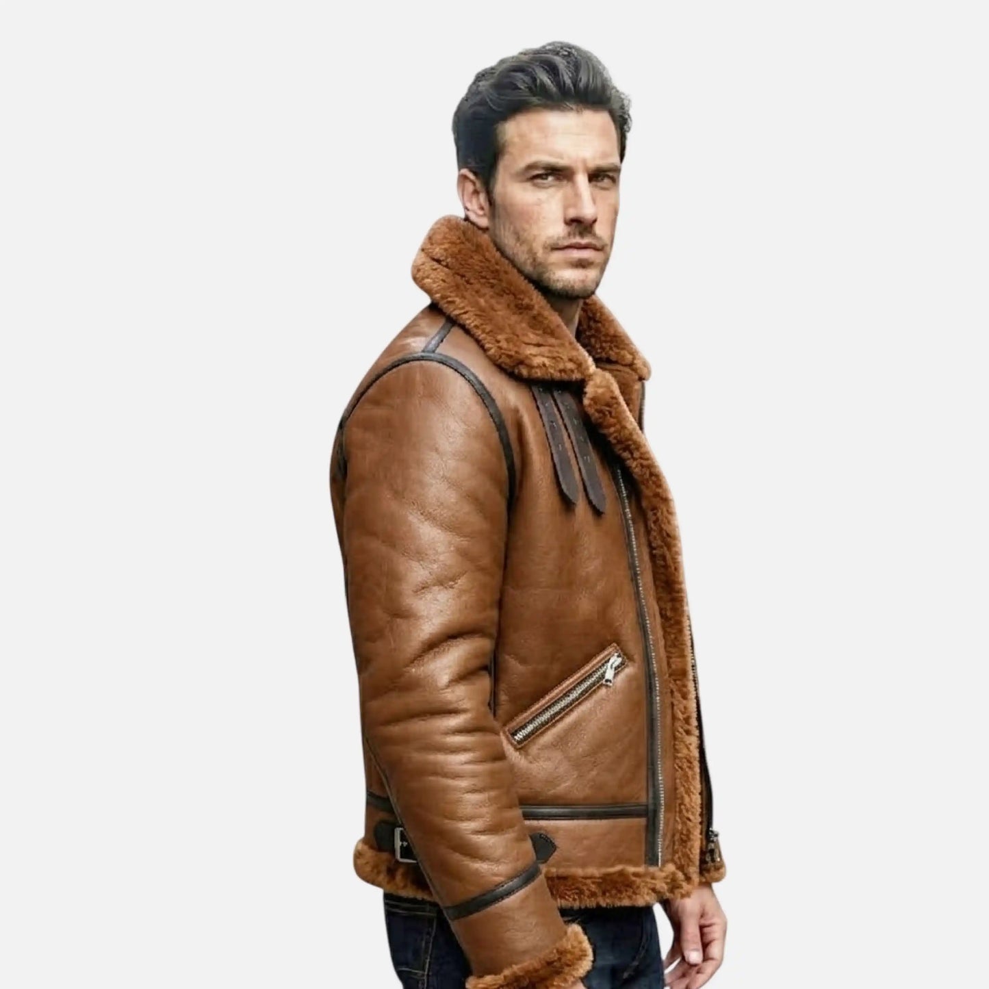 brown leather jacket men shearling style