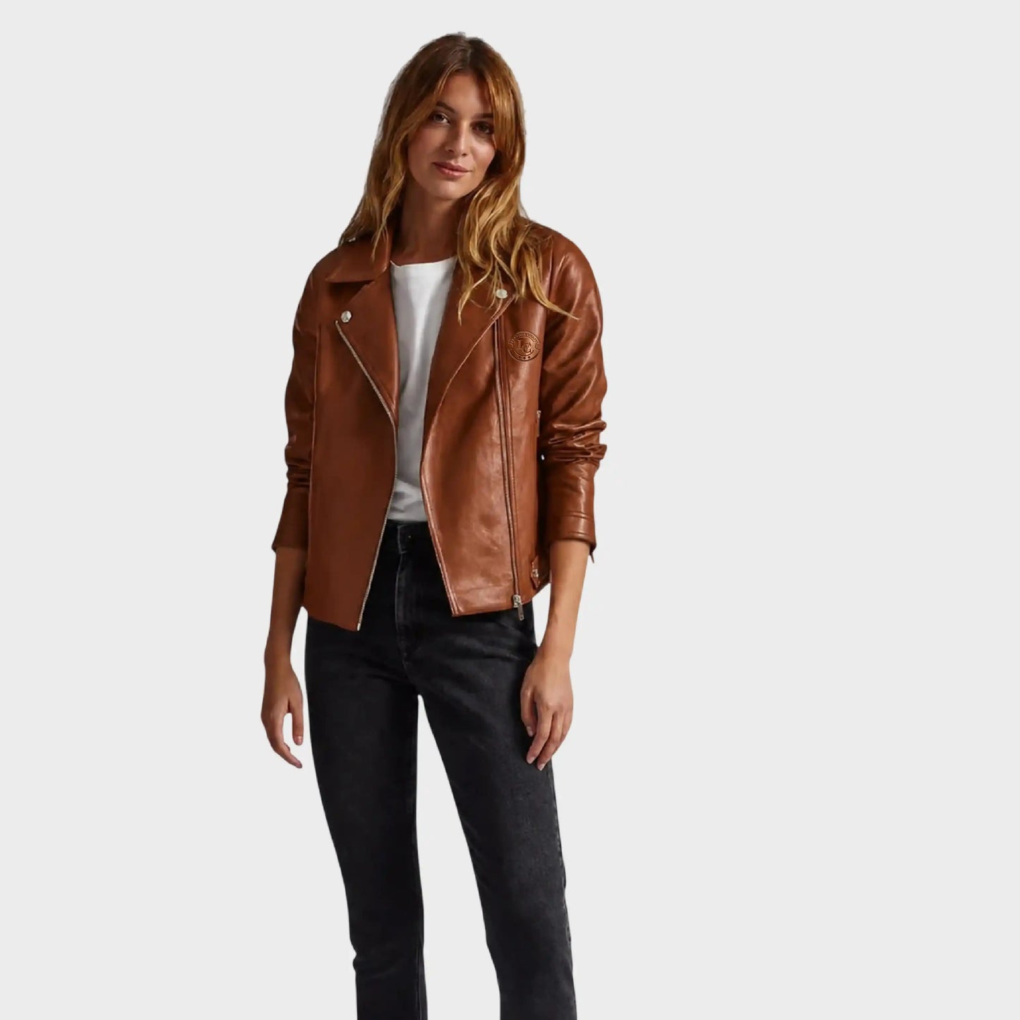 Brown Leather Biker Jacket for Women