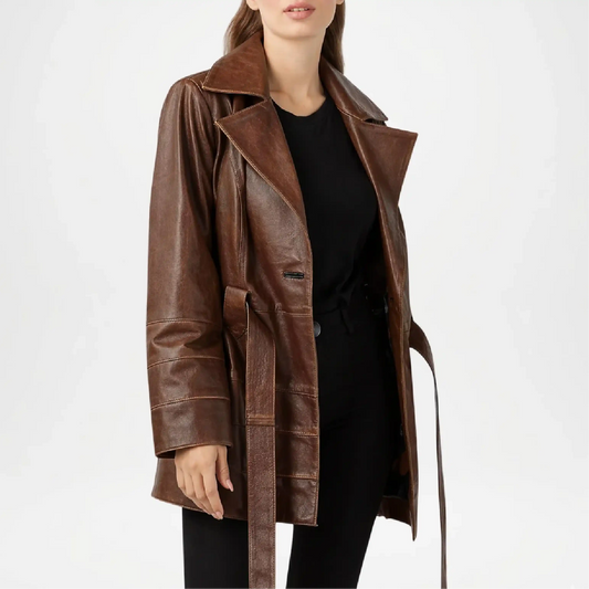 brown leather trench coat womens with belt