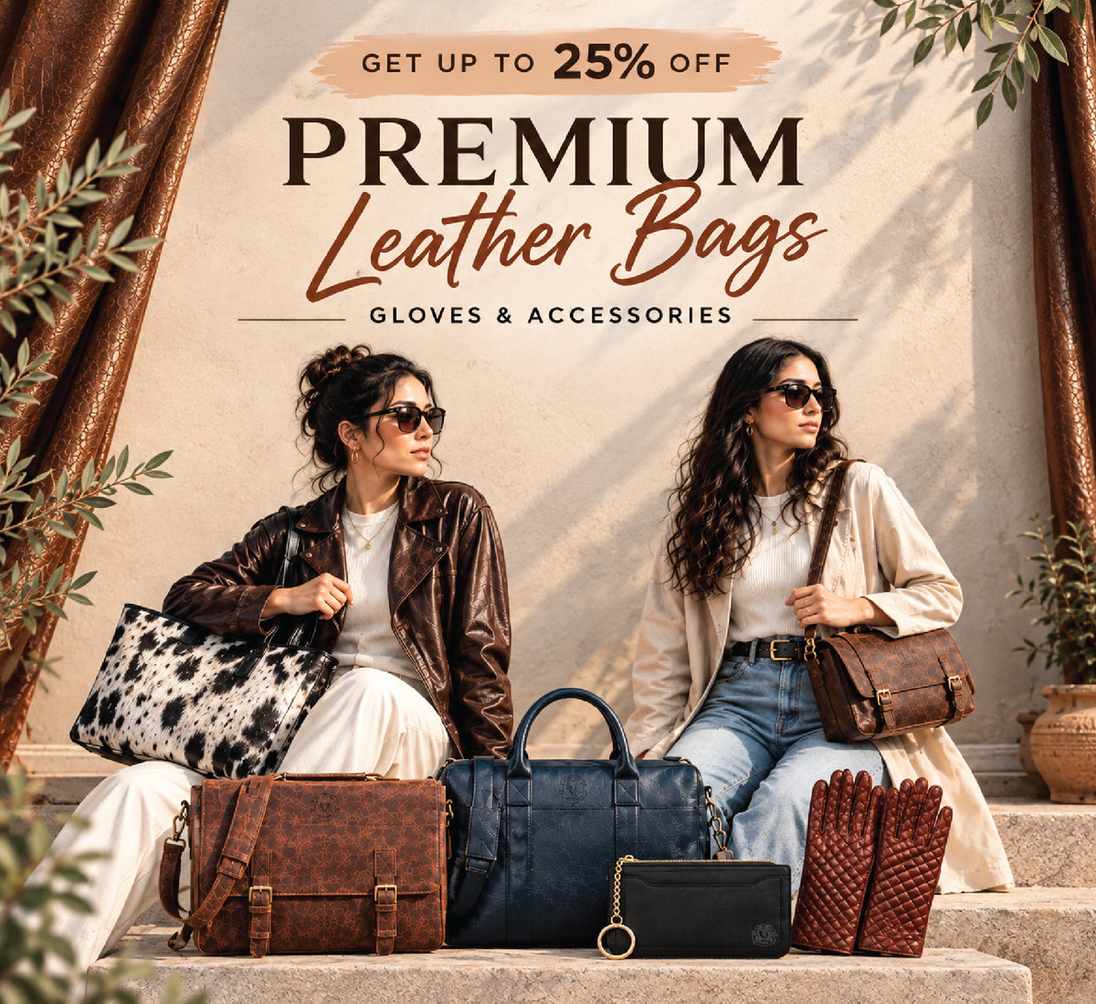 Two women sitting on stone steps display premium leather bags and accessories, including a brown cow-print tote, a dark blue duffel bag, a brown satchel, a black clutch, and brown gloves. Large promotional text reads 'GET UP TO 25% OFF PREMIUM Leather Bags' with 'GLOVES & ACCESSORIES' below.