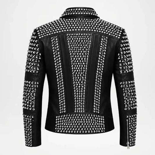 Black leather motorcycle jacket with extensive silver pyramid and round stud embellishments on the back, shown against a plain white background.