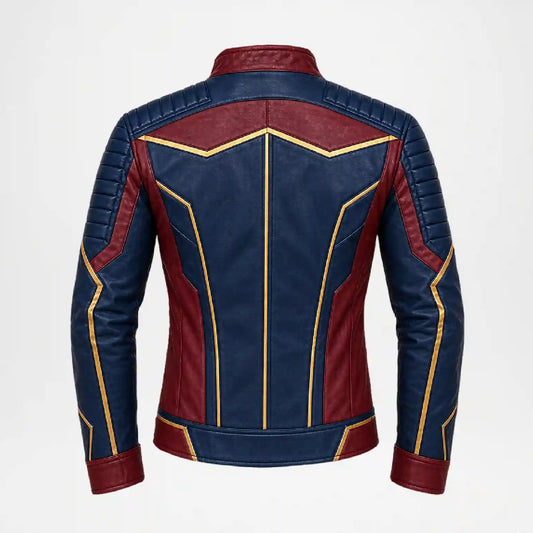 A faux leather jacket shown from the back, featuring a navy blue base with dark red panels and gold contrast stitching.