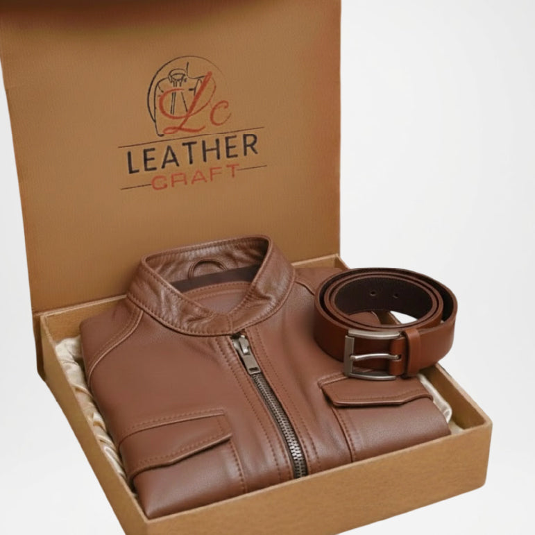 Men's Genuine Leather Jacket Gift Set with Belt