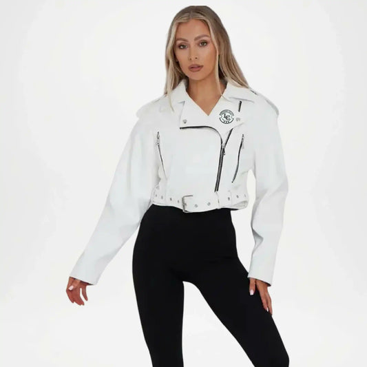 White Cropped Leather Jacket for Women