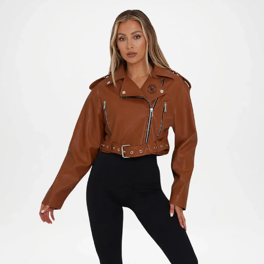 Woman wearing a brown leather jacket