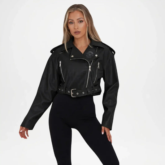 black cropped leather jacket women