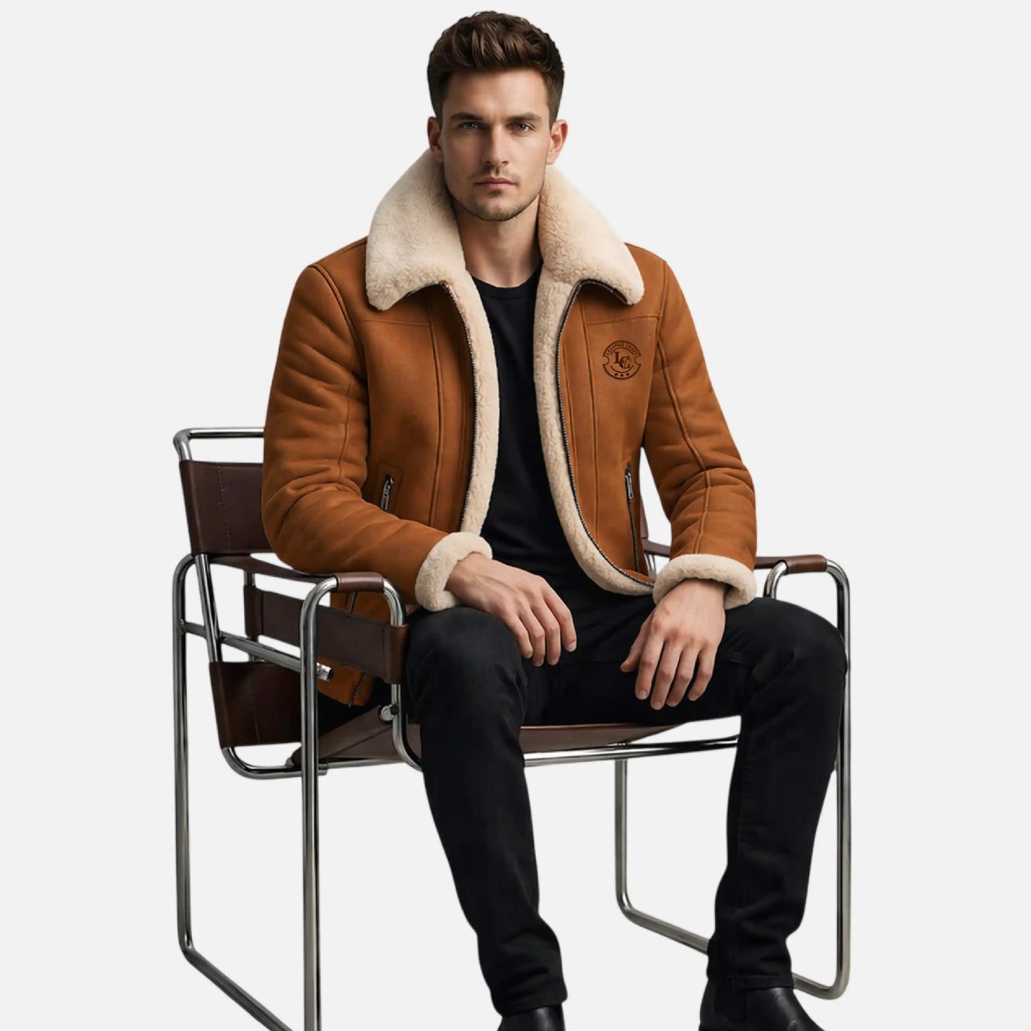 brown shearling leather jacket men aviator style