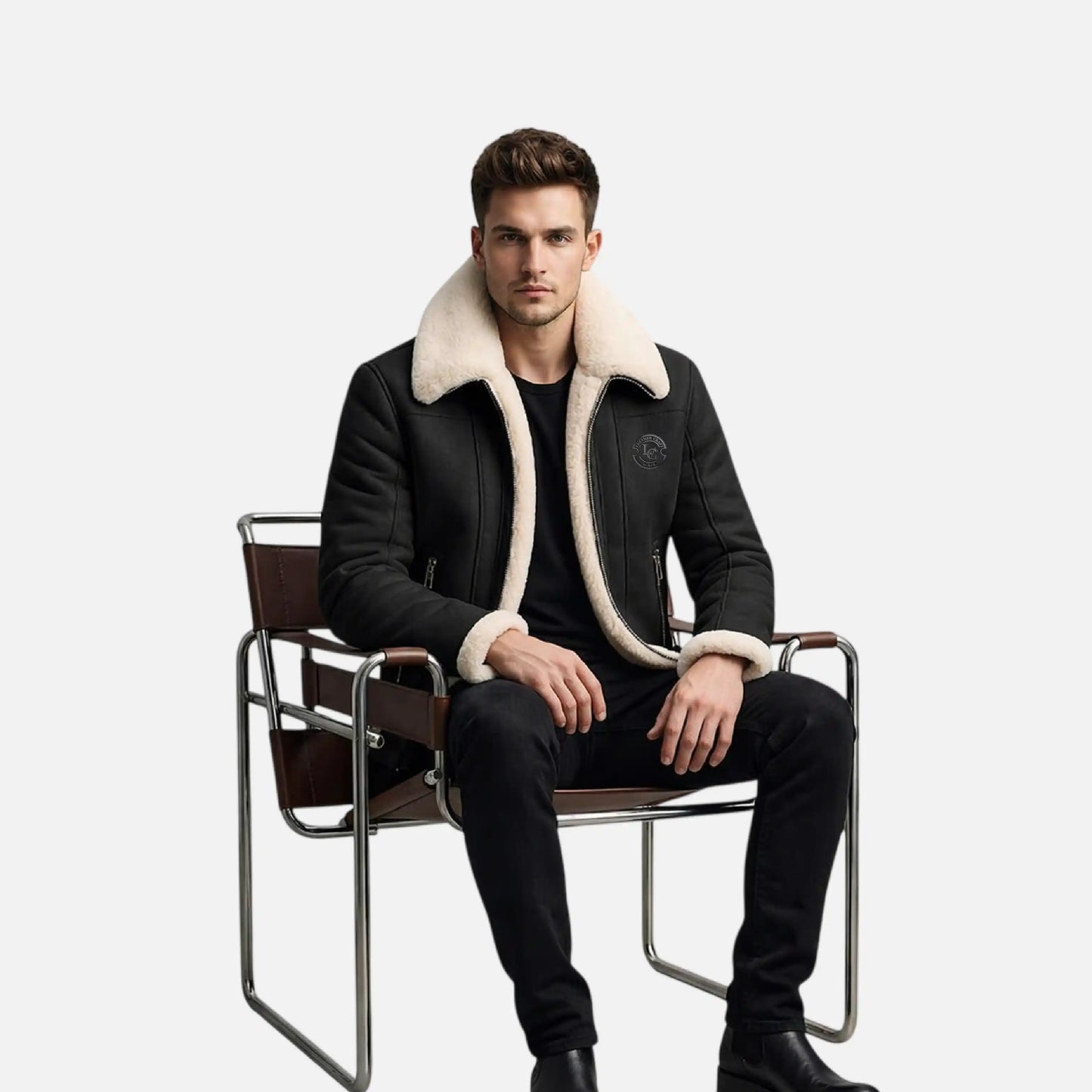 black shearling leather jacket men aviator style