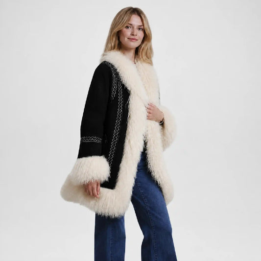 Women Black Vintage Suede Shearling Coat with Tibet Trim