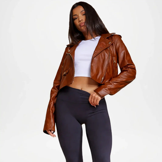 brown cropped faux leather jacket