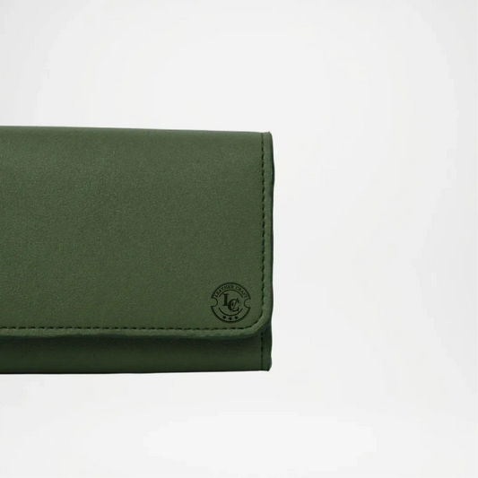 Green wallet with a brand logo on a white background