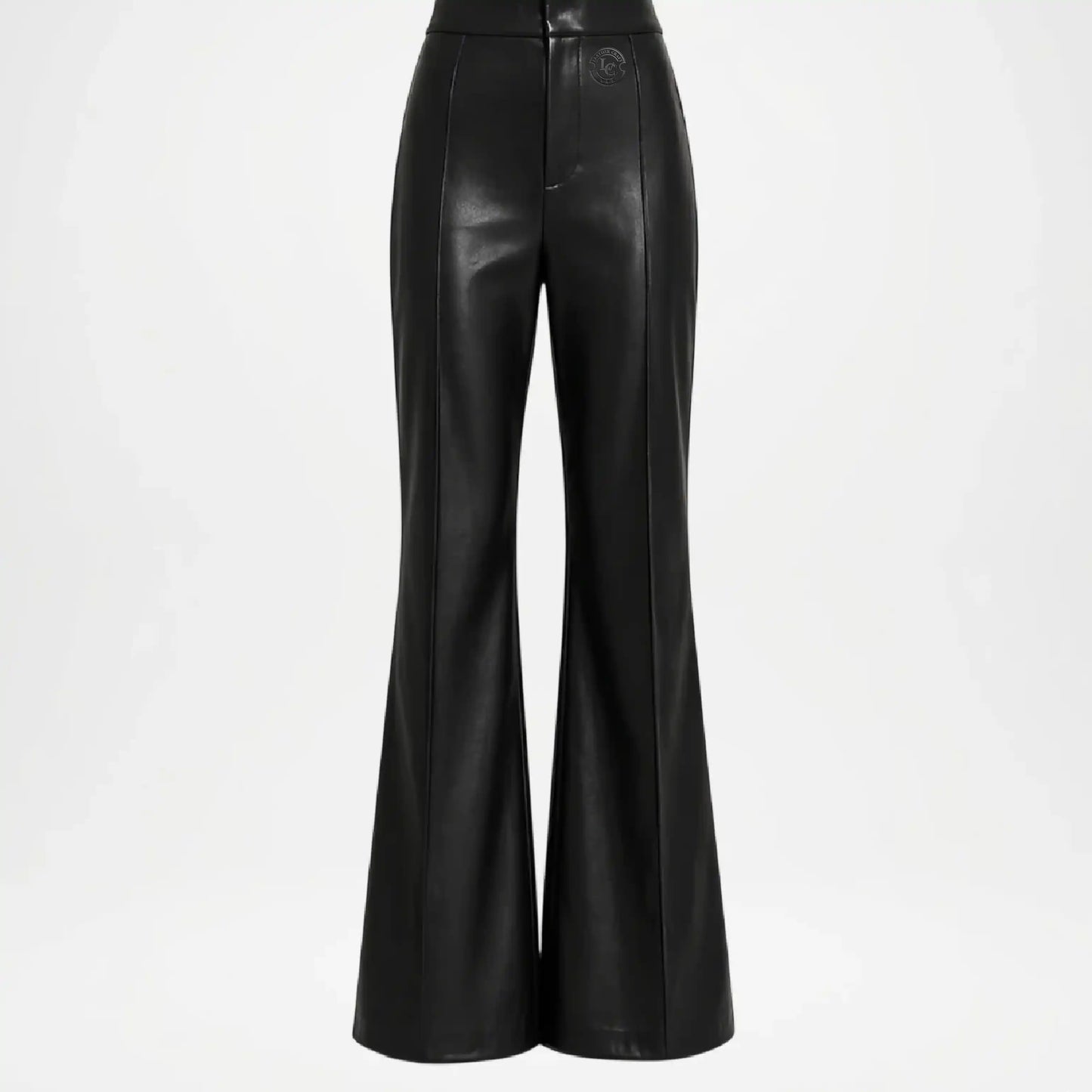 Black leather flared pants on a white background
