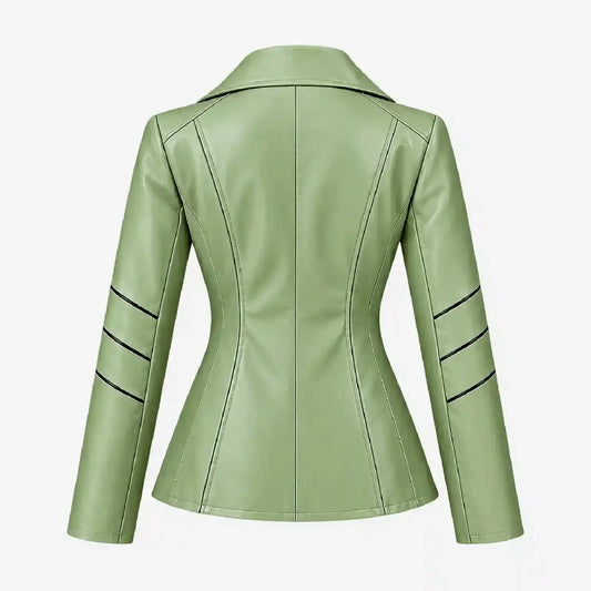 A sage green faux leather blazer shown from the back, featuring structured shoulders, a defined waist, and black decorative stripes on the sleeves, set against a plain white background.