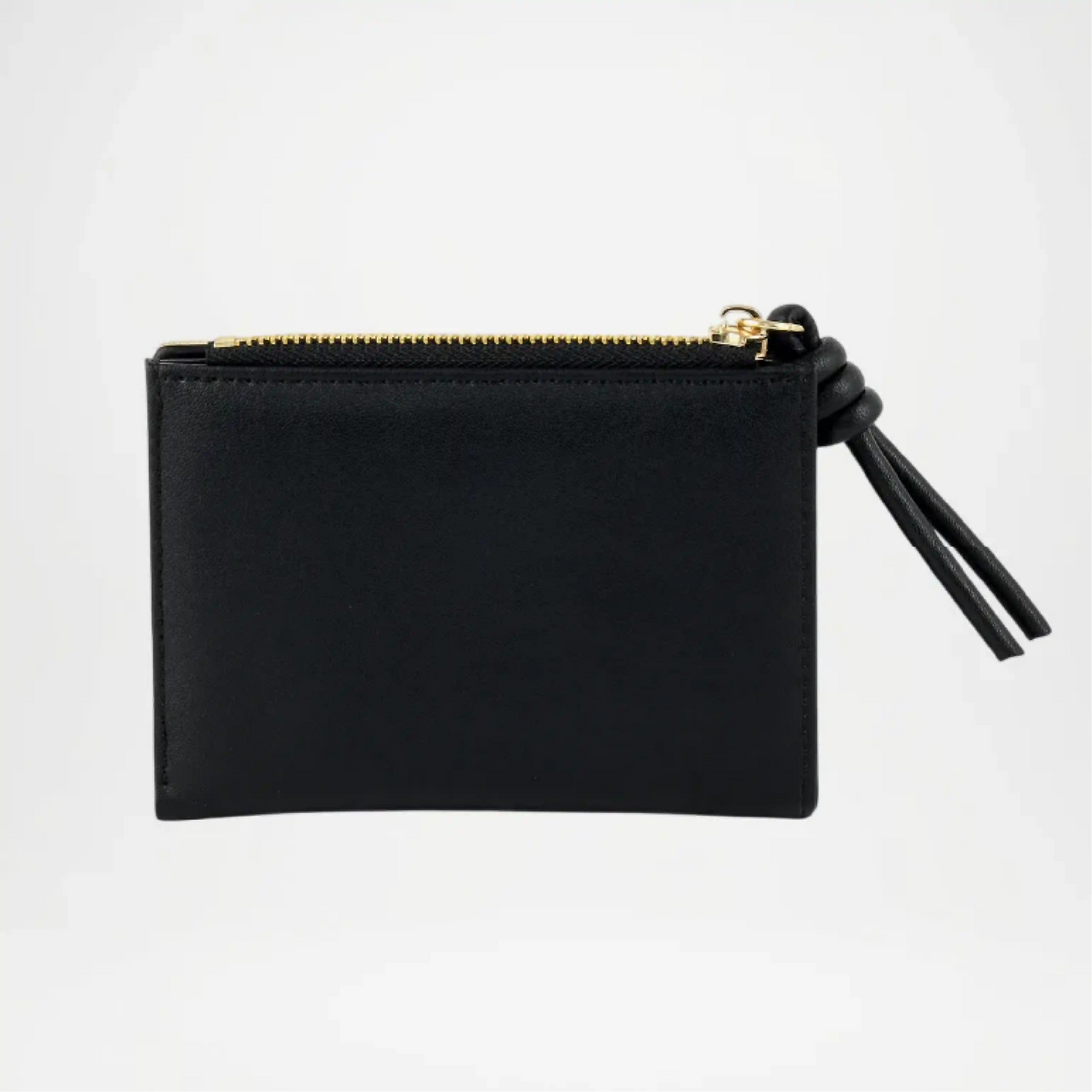 Black & cream leather pouch with a gold zipper on a white background