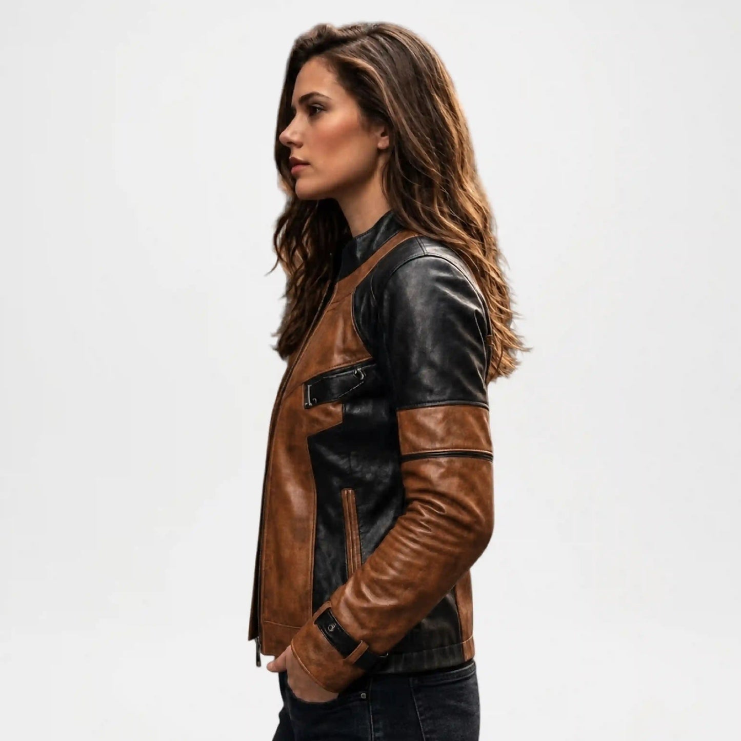 Fashion Women's Brown & Black Leather Biker Jacket for Everyday Outfit
