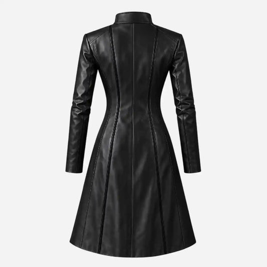 A black faux leather longline coat with structured shoulders, long sleeves, and a high collar, shown from the back against a light gray background.