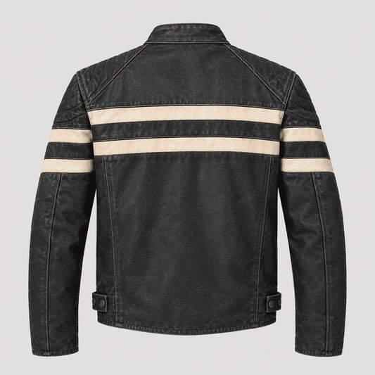 A washed black denim jacket shown from the back, featuring two horizontal cream-colored stripes across the upper back and sleeves, set against a solid light gray background.