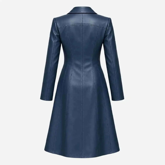 A dark blue faux leather long coat with structured shoulders and a straight collar, shown from the back against a light gray background.