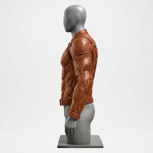 Side profile of Brown Armor Leather Jacket for Men Biker Slim Fit Coat