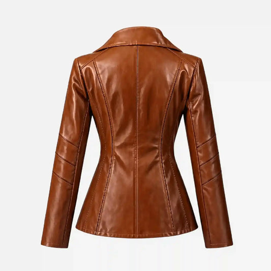 A brown faux leather jacket with a structured, fitted silhouette, shown from the back on a light gray background.