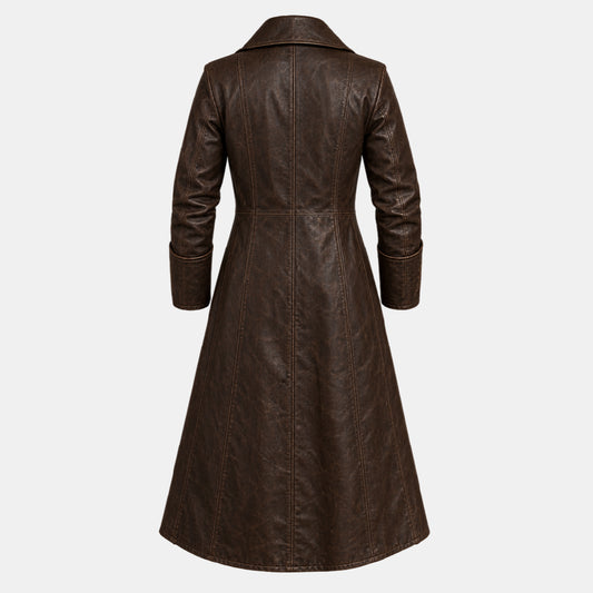 A dark brown faux-leather long coat with a pointed collar and long sleeves, shown from the back against a light gray background.